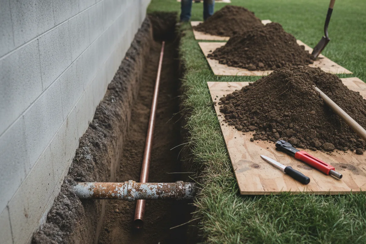 Excavated water line trench during Water Softener Installation in Chico